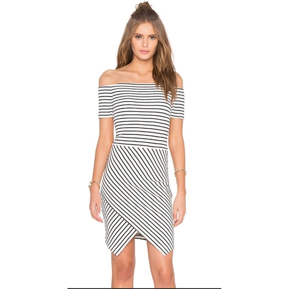 Revolve 1.STATE Striped Off Shoulder Dress Bodycon Mini Short Sleeve Party‎ Sz M - Picture 1 of 12